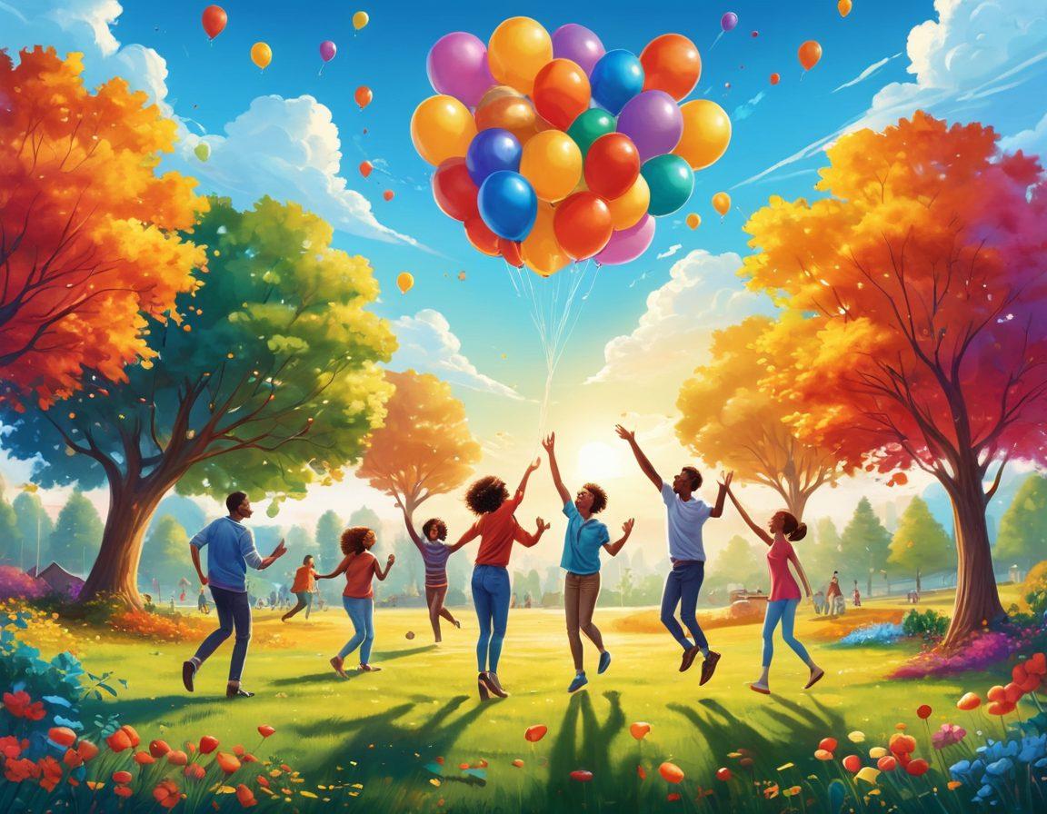 A vibrant scene featuring a diverse group of people joyfully playing various games together in a lush park. Incorporate elements like board games, video games, and outdoor activities, emphasizing laughter and connection. Include colorful balloons and sunlit trees to highlight happiness and energy. Illustrate a bright blue sky in the background to evoke a feeling of freedom and positivity. whimsical illustration. vibrant colors. sunny atmosphere.