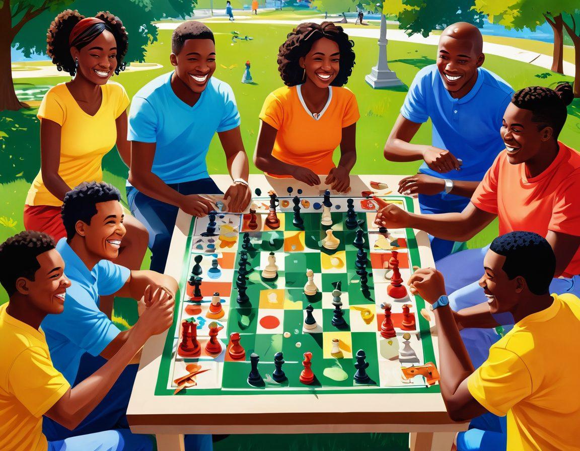 A vibrant illustration of a diverse group of people playing various games together, capturing expressions of joy, laughter, and satisfaction. The background features a sunny park setting with colorful game boards, cards, and dice scattered around. Include elements representing both traditional and modern games, such as chess, video games, and outdoor sports. Celebrate the essence of community and connection through gaming. bright colors. cheerful atmosphere.