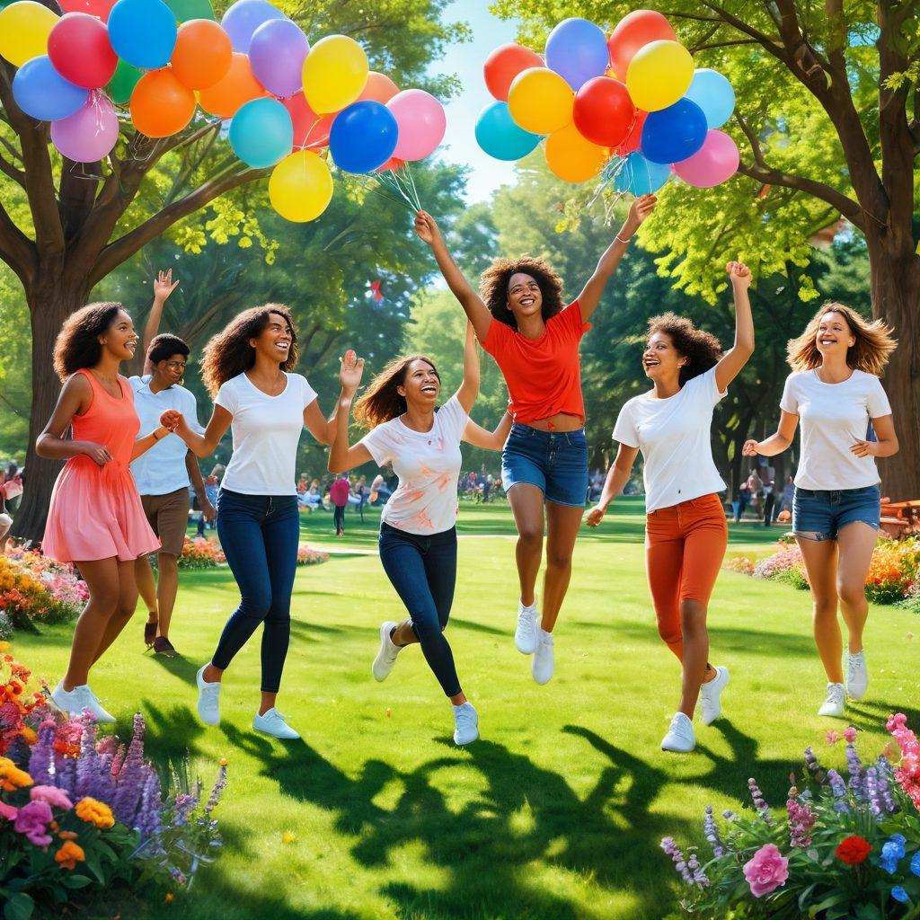 A joyful scene depicting diverse individuals engaging in various playful activities like dancing, playing frisbee, and creating art, surrounded by colorful balloons and blooming flowers. Their expressions radiate happiness and excitement, with sunlight filtering through trees, symbolizing transformation and rejuvenation. The background features a vibrant park setting to enhance the theme of fun and positivity. super-realistic. vibrant colors. bright sunny background.